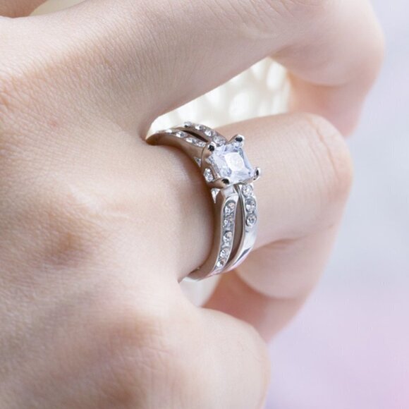 🎁 Double Layer Princess Cut Gems Square Zircon Rings for Women, EVGG1256 - Picture 4 of 6